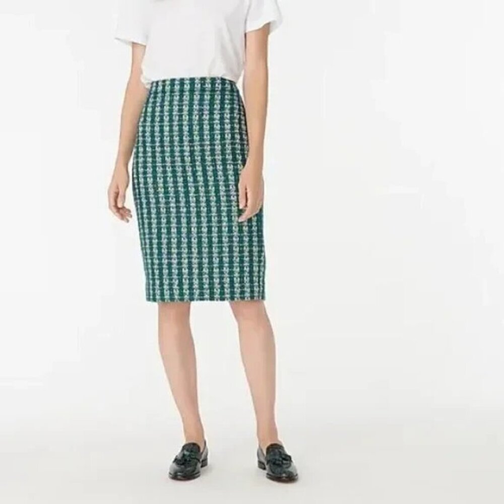 NWT J.Crew No. 2 Pencil in Spicy Jade Emerald Tweed Metallic Plaid Skirt 4